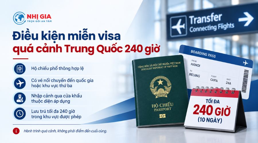 Điều kiện miễn visa quá cảnh Trung Quốc 240 giờ